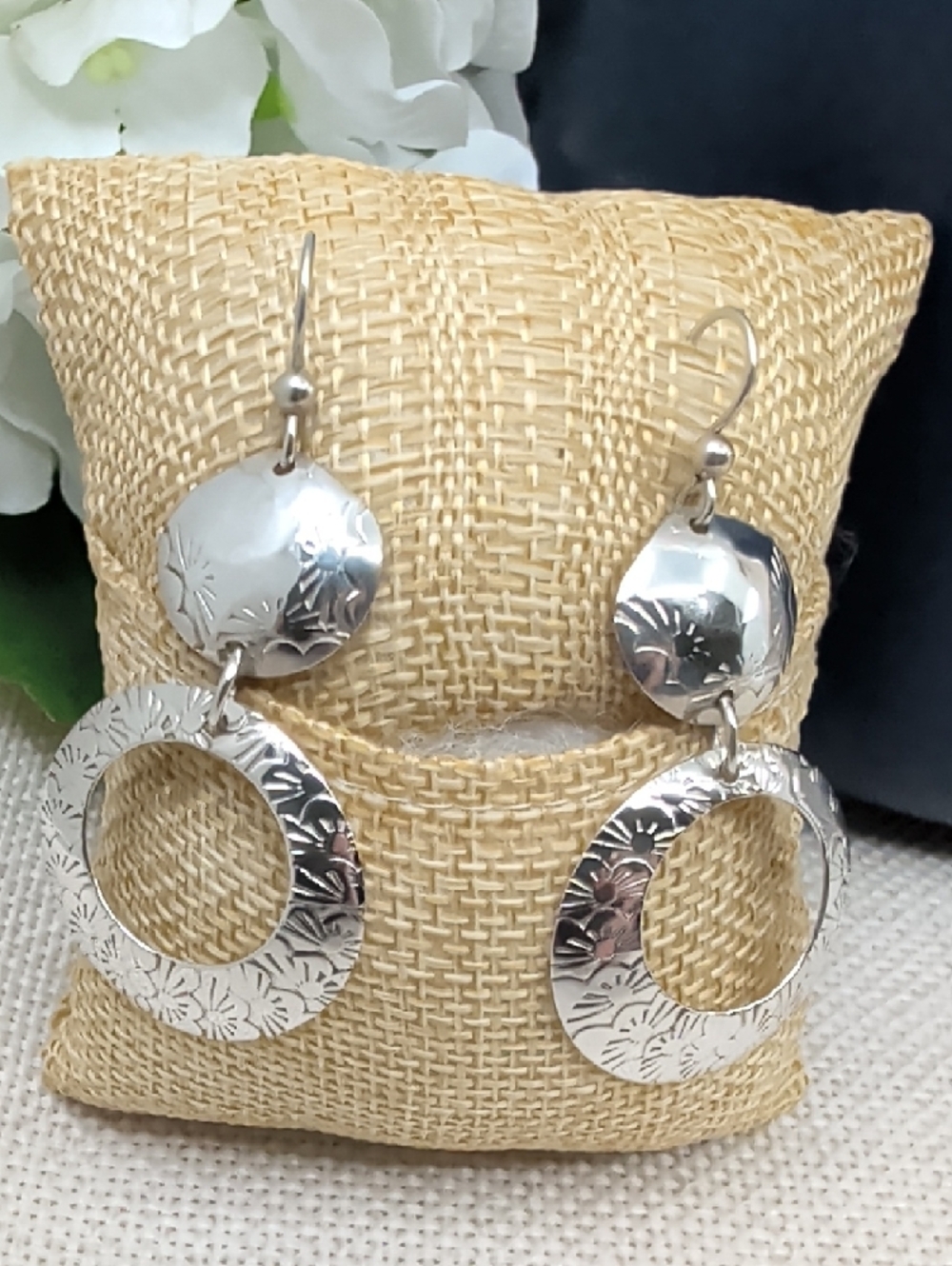 Vintage Sterling Silver Stamped Hoop Dome Dangle Earrings Handmade Artisan 1990s
